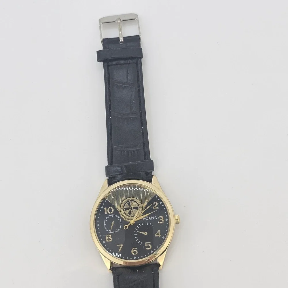 Men's Analog Watch 38MM Black Dial Black Faux Leather‎ Bands New Battery
